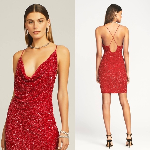 RETROFETE Cherry Crystal‎ Sequin Beaded
Draped Neck Sleeveless Open Back Dress S - Picture 3 of 8